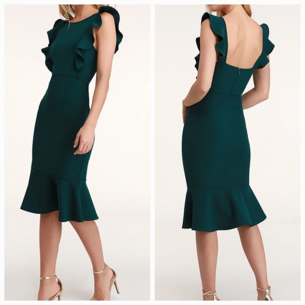 Lulu's NWT Hearts Aflutter Midi Dress Dark Green Backless Ruffled Bodycon Size M